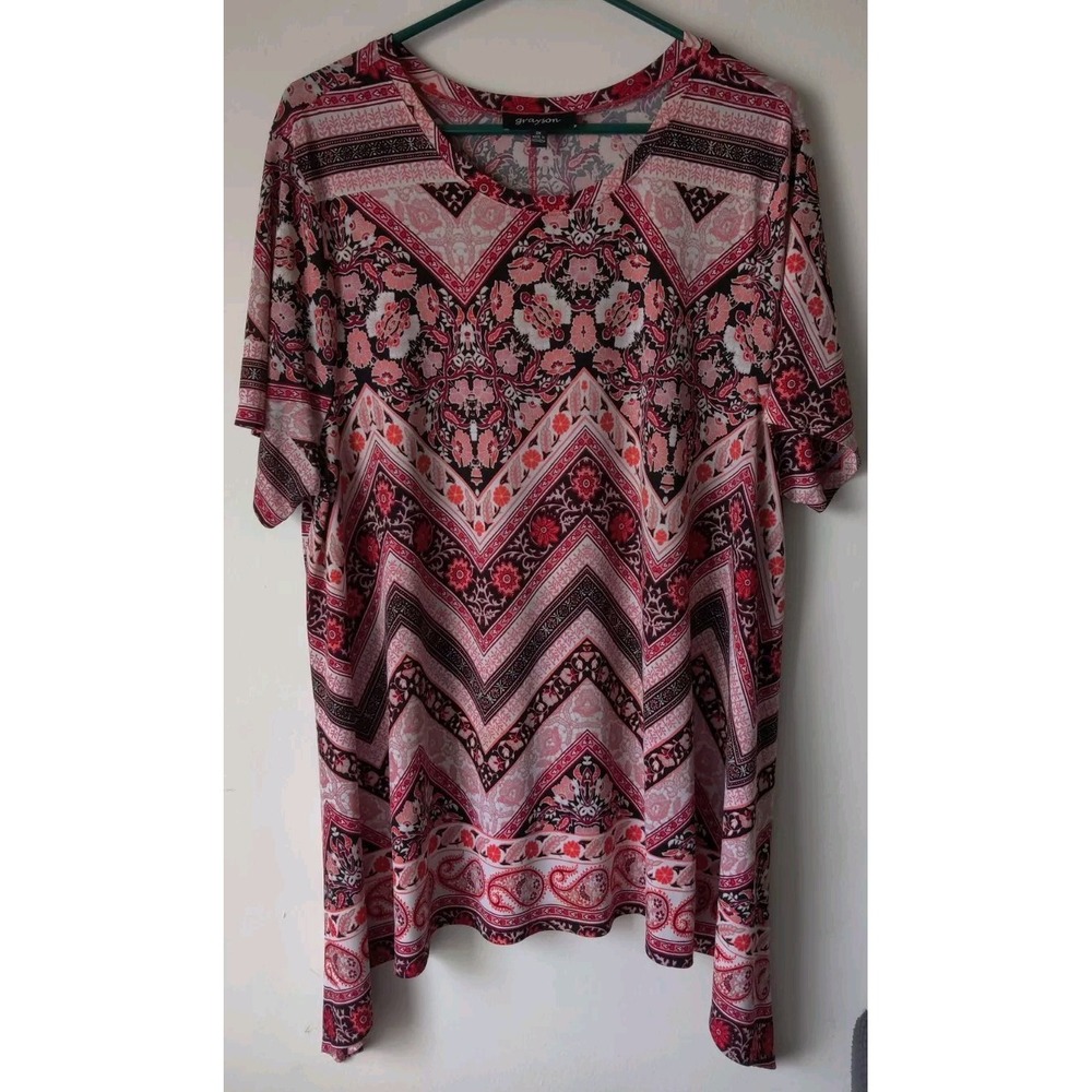 Grayson Woman Plus Size Tunic Top Black/Red/Orange Round Neck Shirt Sleeve Sz 2X